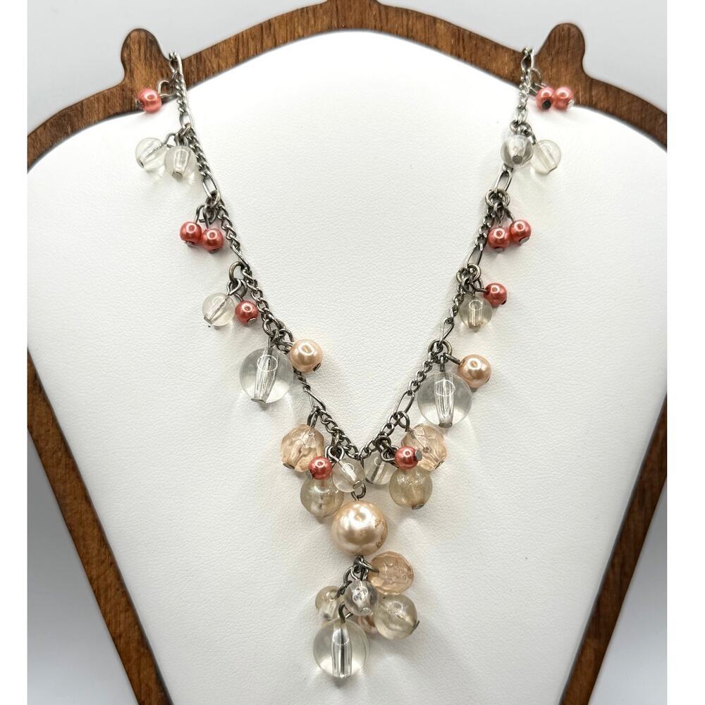 Pearly-Peachy Cluster Necklace – 9" Drop, Neutral & Peach Bead Mix